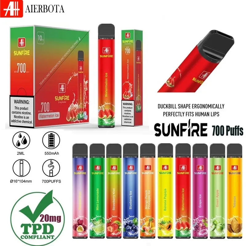 Autentisk Sunfire TPD 700 puffs engångsvap 2 ml Förfylld 10 registrerade smaker 0 mg 20 mg 30 mg 50 mg E Cigaretter 550mAh Vaper Device Tillverkare leverantör