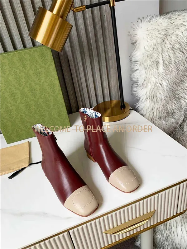 Designer boots brand women`s autumn and winter fashion modern leather shoes thick heel flat black white red blue gold square toe boots optional 36-40