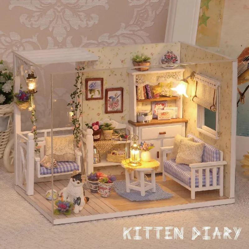 Accessoires voor poppenhuis Kitten Mini-modelbouwpakket Gemonteerd huis Creatieve kamer Slaapkamerdecoratie met meubilair DIY Ha 231012