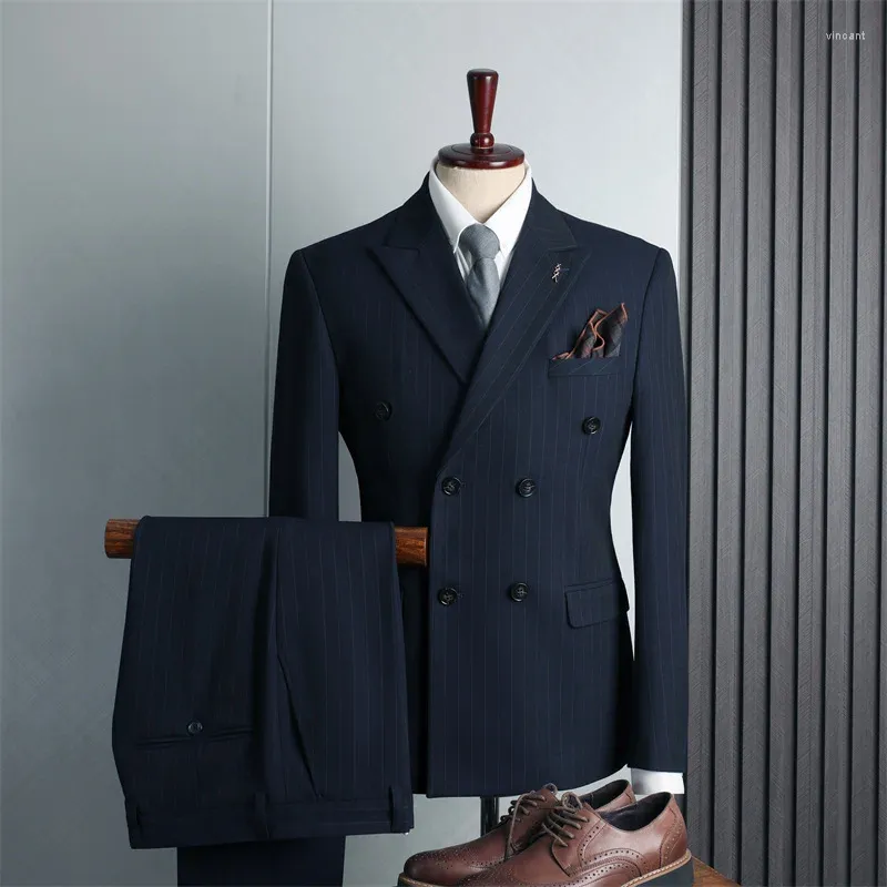 Herrenanzüge, männlich, elegant, blau, schwarz, gestreift, Bankett, Hochzeitskleid, Jacke, Anzug, geschäftlich, formal, Büro, 2-teiliges Set, Blazer und Hose