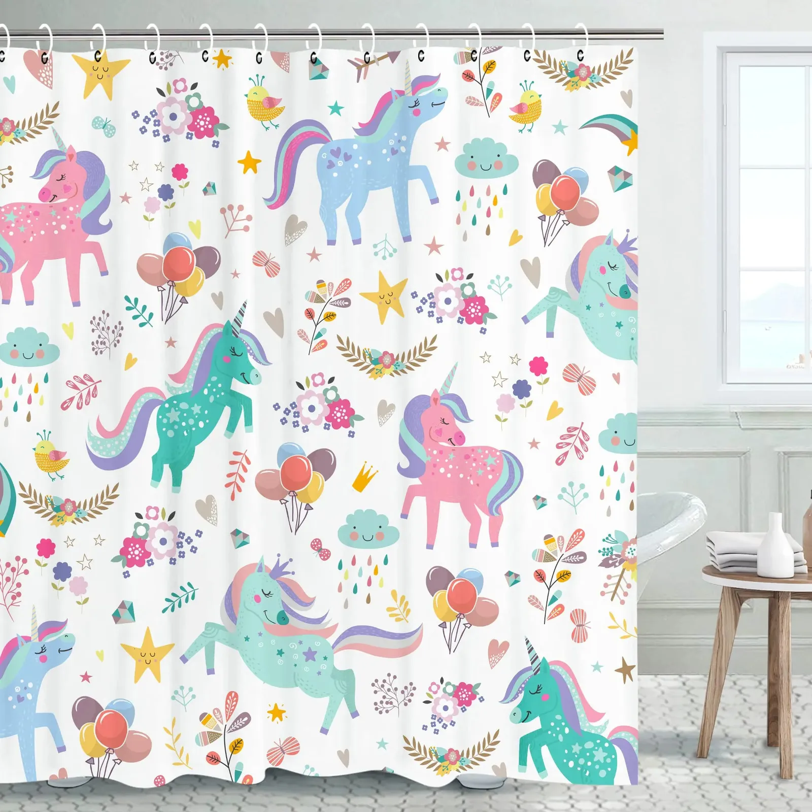 Chuveiro cortinas unicórnio cortina de chuveiro crianças meninas engraçado fada dos desenhos animados fantasia colorido bebê animal arco-íris banheiro casa à prova d'água 231007
