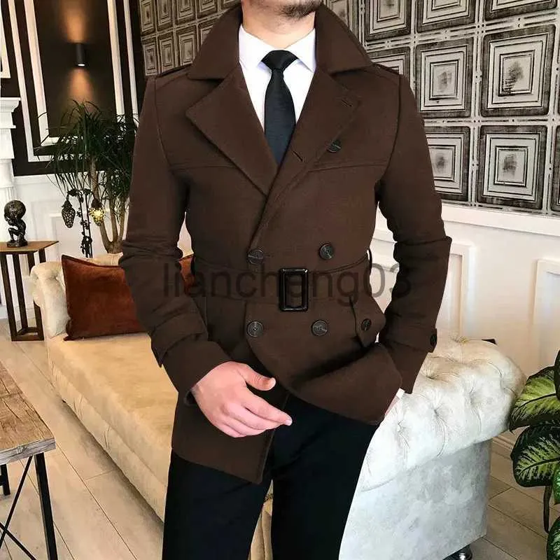 Men's Trench Coats Autumn Winter Men's Double Breasted Woolen Overcoat High Quality Male Laple Belt Solid Thick Trench Coat Trend Causal Outerwear J231012