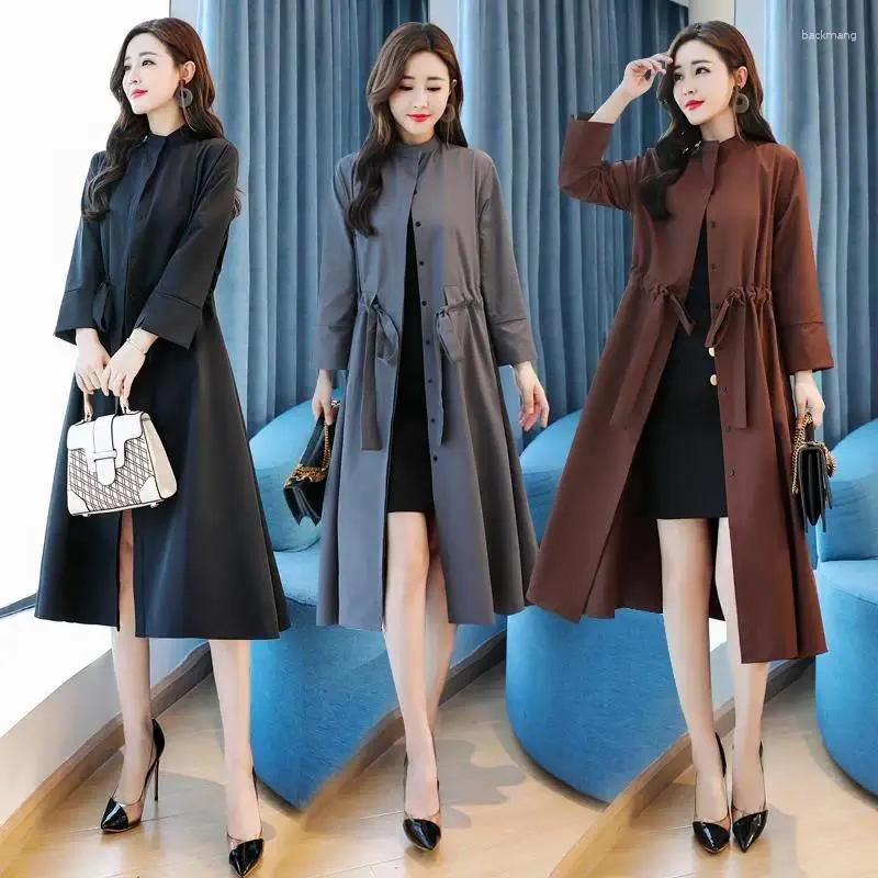 Kvinnors trenchrockar Spring Autumn Long Coat Women Fashion Lace-up Windbreaker Black Overcoat Casual Jackets Big Size Loose Tops A905