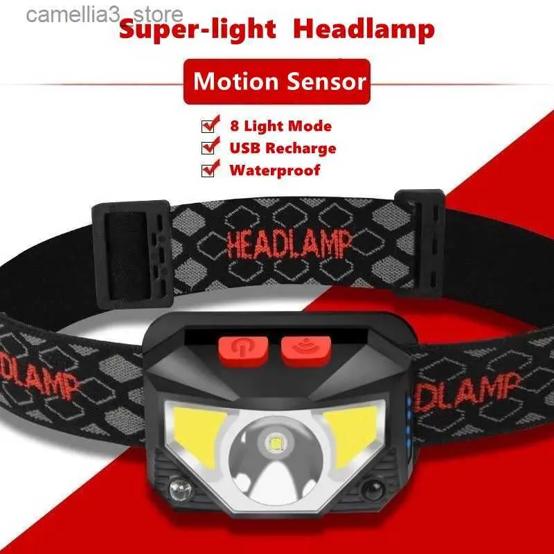 Lâmpadas de cabeça 8 modos Handfress Motion Sensor Poderoso LED Farol Head Lamp COB Lanterna Torch Head light para camping pesca Q231013