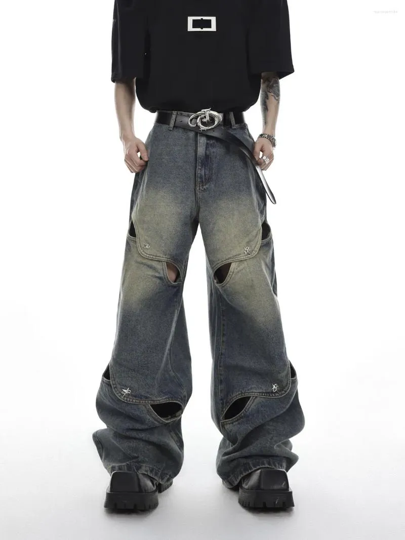 Jeans pour hommes 2023 Pantalons à jambes larges Hommes Streetwear Baggy Pantalon en denim en détresse Mâle Oversize Creux Out Casual Coréen Hip Hop