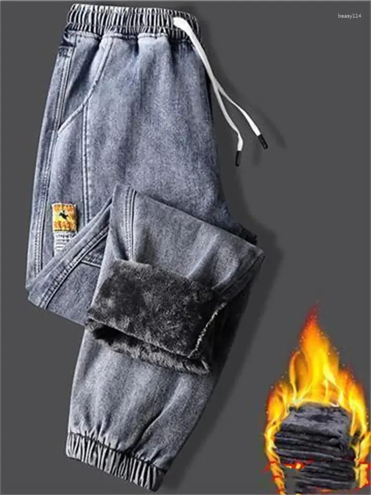メンズジーンズ2023ウィンターフリース濃い温かいデニムパンツメンズストリートウェアブラックジョガーハーレムジャンサーマルズボン