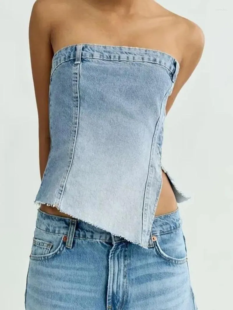 Dames Tanks Zomer Blauw Strapless Halter Off-the-shoulder Off-the-back Kleine split Sexy Denim Korte Top Straatstijl