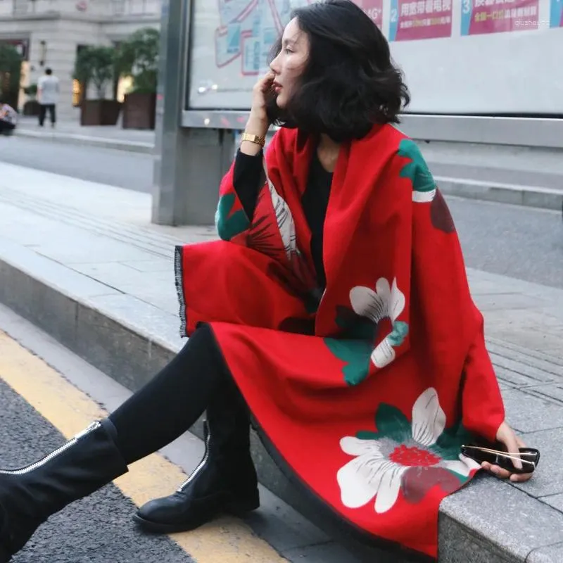 Scarves All-match Shawl Flower Scarf Female Winter Korean Version Double-sided Thickened Women Cashmere-like Dual-use Cloak Warm Schal