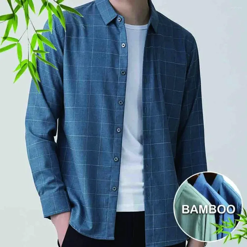 Mäns avslappnade skjortor 32% bambufiber 65% polyester koreansk klänning långärmad manlig rutig original höstkläder affärskläder grå