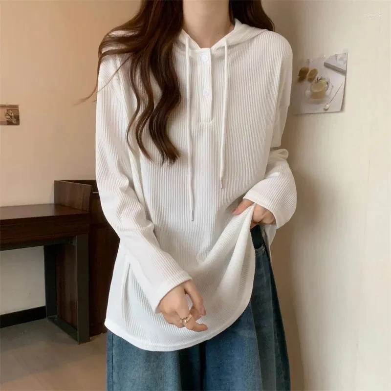 Women's T Shirts Slim Fit Warm Fall Spring Long Sleeve Hooded Women Fashion Simple Solid Harajuku Tunic Ladies Tops 2023 White