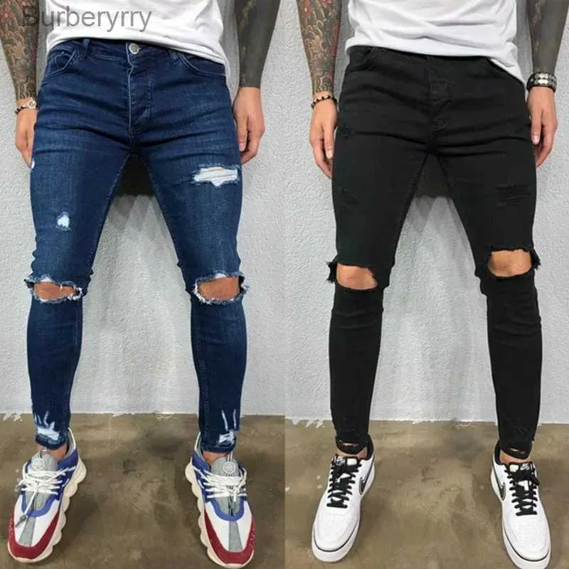 Men's Jeans Men Jeans Knee Hole Ripped Stretch Skinny Denim Pants Solid Color Black Blue Autumn Summer Hip-Hop Style Slim Fit Trousers S-4XLL231011