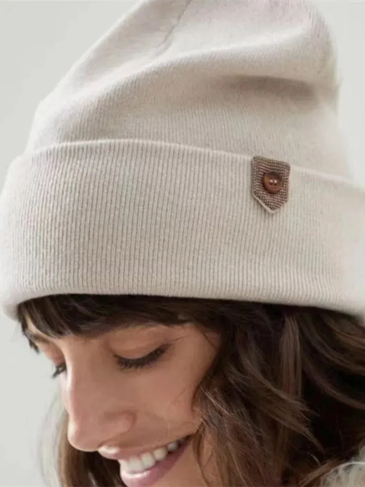 Lenços Mulheres Beading Decorar Knit Hat Outono Inverno Moda Senhoras Cor Sólida Cashmere Quente Knitwear Cap 231012