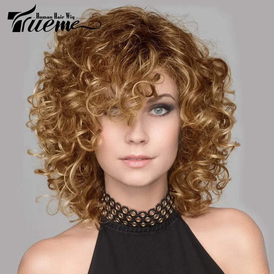 Perruques synthétiques Trueme court bouclés Bob perruque avec frange colorée brésilienne perruques de cheveux humains pour les femmes Ombre noir brun Romance vague Bob pleine perruque 231012