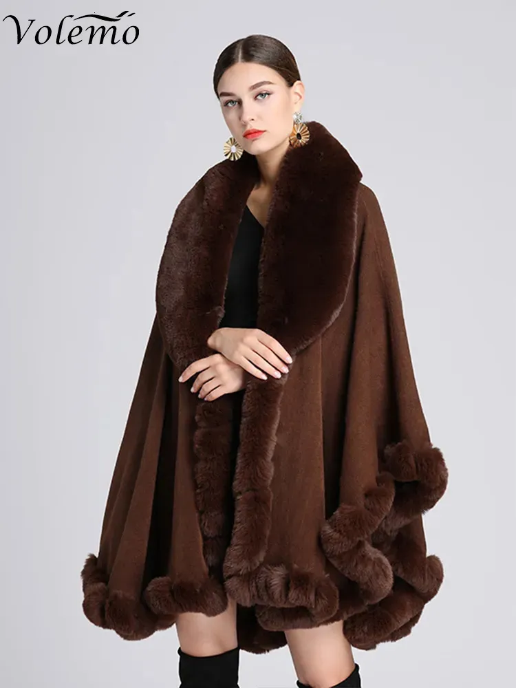 Sjaals Volemo Winter Elegante V-revers Faux Rex Konijnenbontjas Cape Vrouwen Grote Lange Sjaal Volledige Trim Gebreide Mantel Overjas Parka 231012