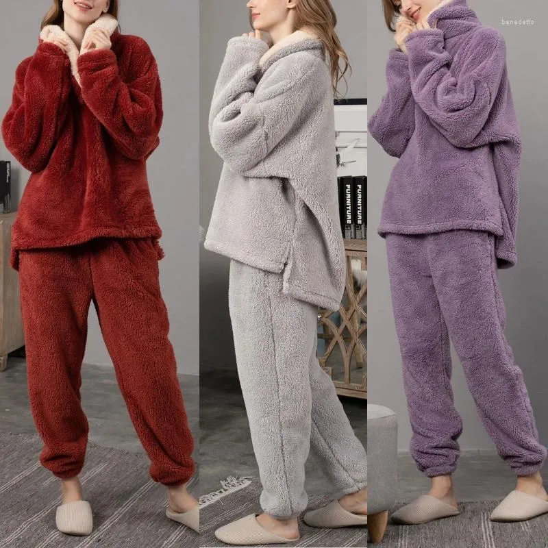 Indumenti da notte da donna Pigiama in pile da donna Set Flanella Fuzzy 2 pezzi Caldo pullover Top Pantaloni Solido Inverno Morbido Homewear Completo Pijama