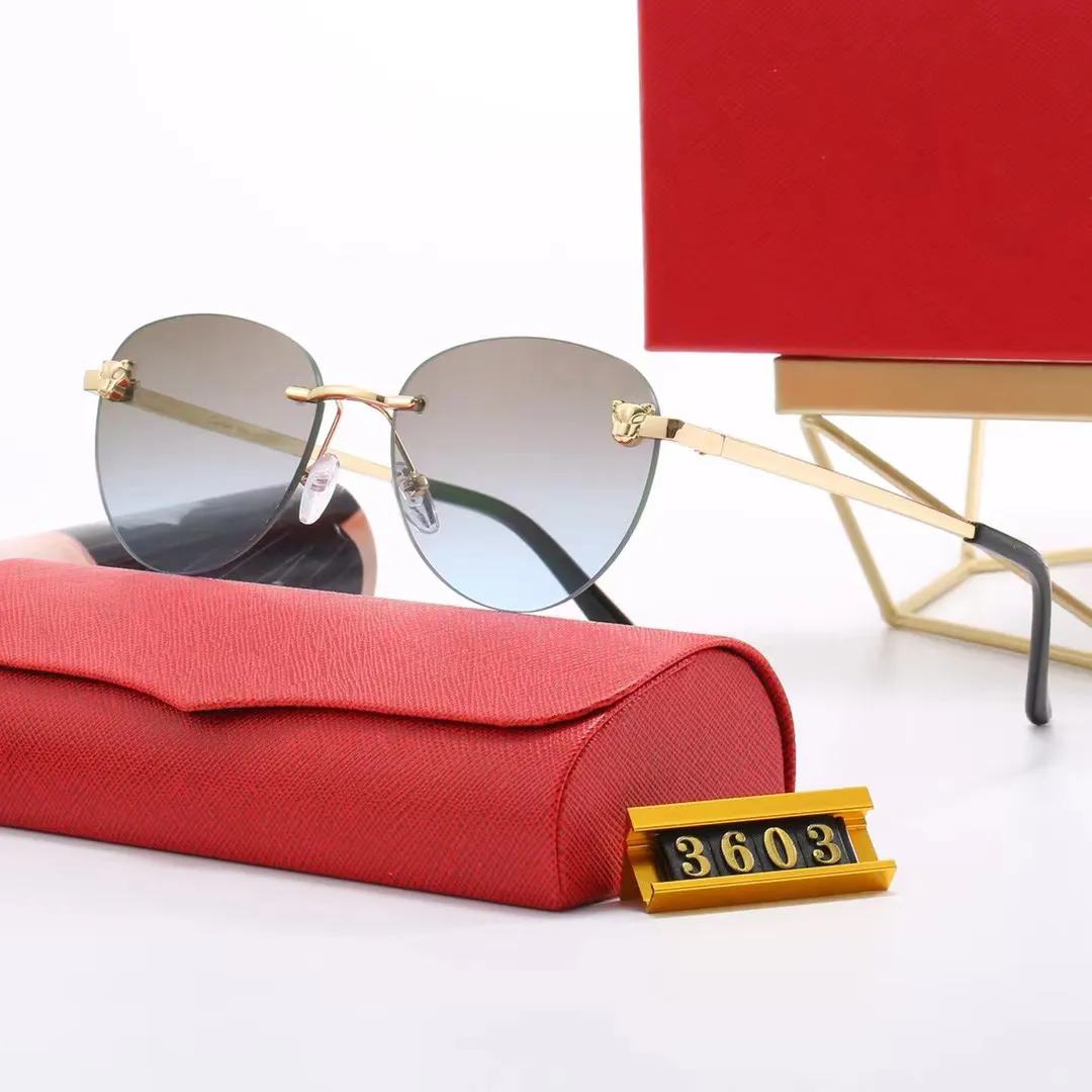 Partihandel solglasögon polariserade lyxdesigner vagnsglas för kvinnans designers leopard huvud ramlöst trä ben mens solglasögon varumärke röd låda