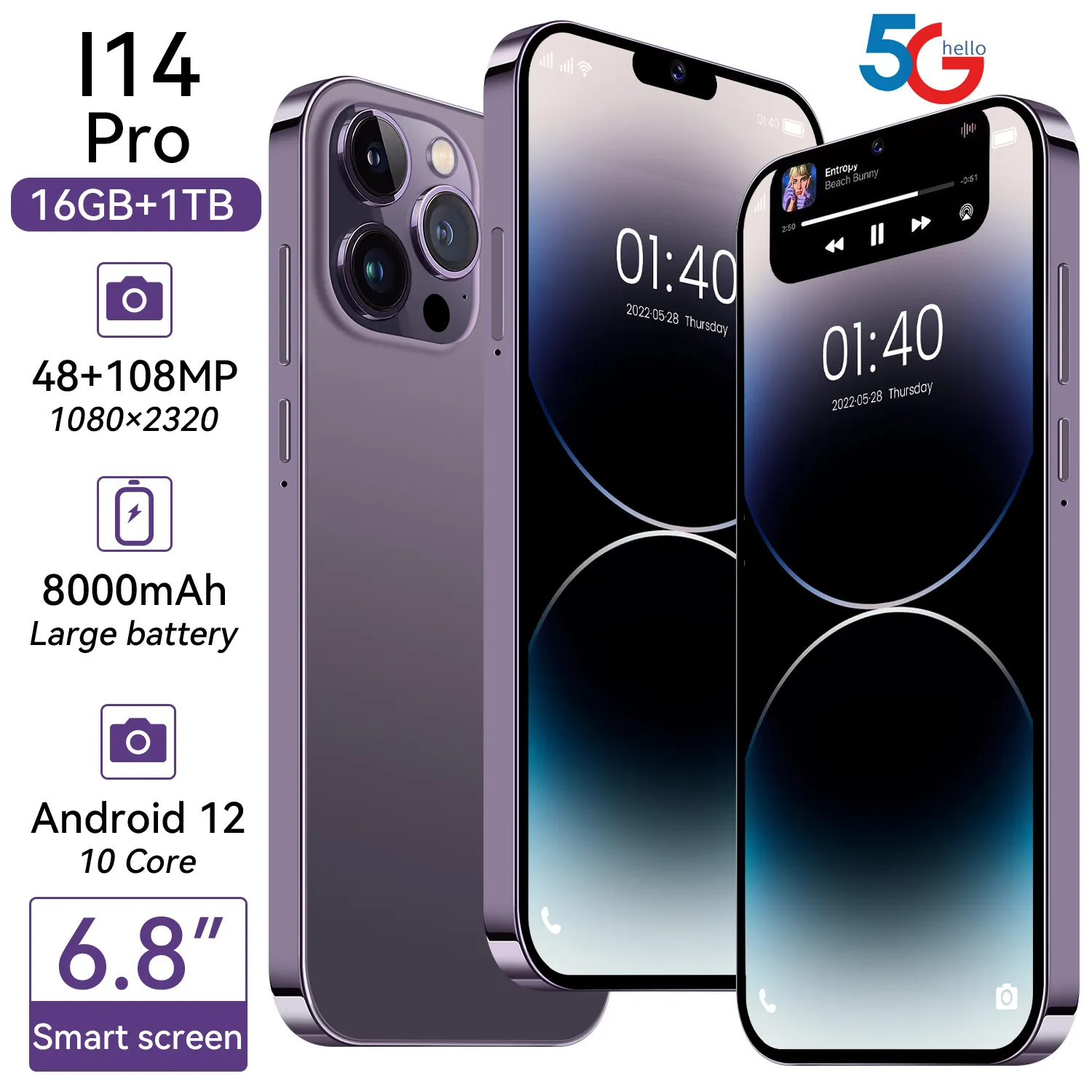 I14 Pro Mobile Smartphone Capsule Écran 6,8 pouces 2 Go + 16 Go True 4G 5G Smart Phone Android.Pas iPhone.