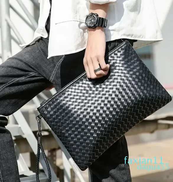 Дизайнерская сумка плетения, клатчи, женская сумка на запястье, мужская модная сумка-конверт, большие несколько карманов внутри