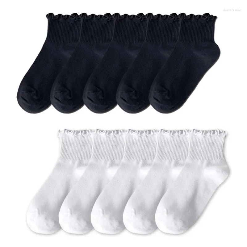 Women Socks 5 par Japanese Ruffle Trim Cotton Crew Girls Student Casual Solid Short Tube Ankel Spring Autumn Hosiery