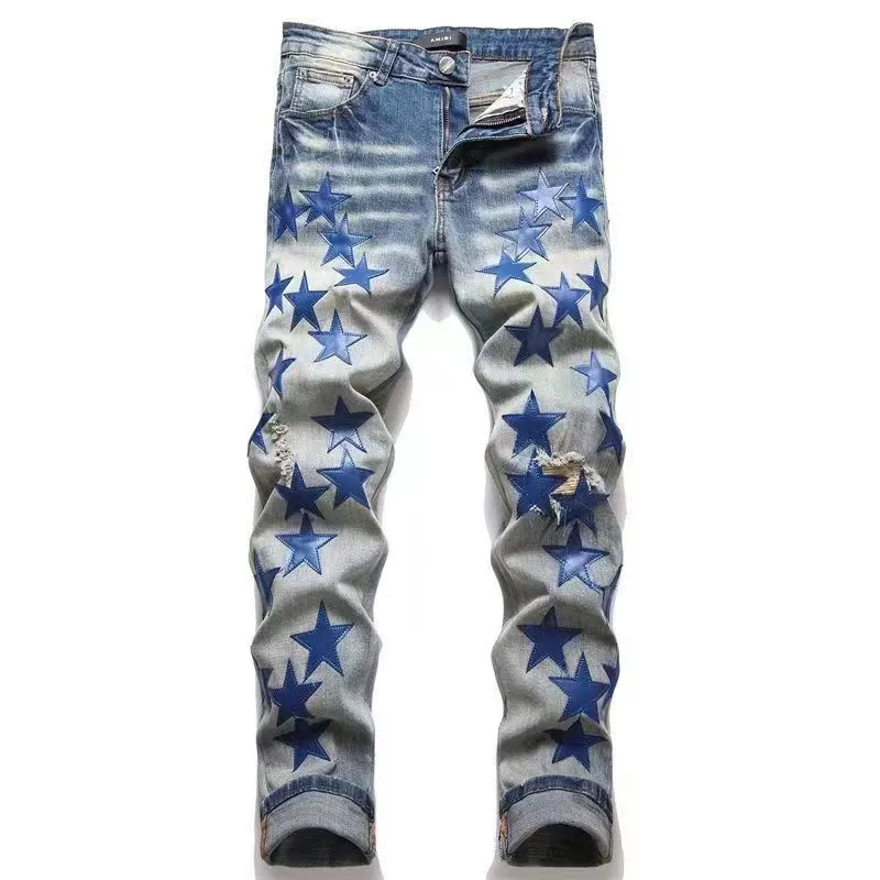 23SS Designer Jeans Mens Jeans Purple Jeans Jeans Blue Star Patch Patch Skin Slim Fit Droite Poche À Glissière Mode Loisirs Jeans