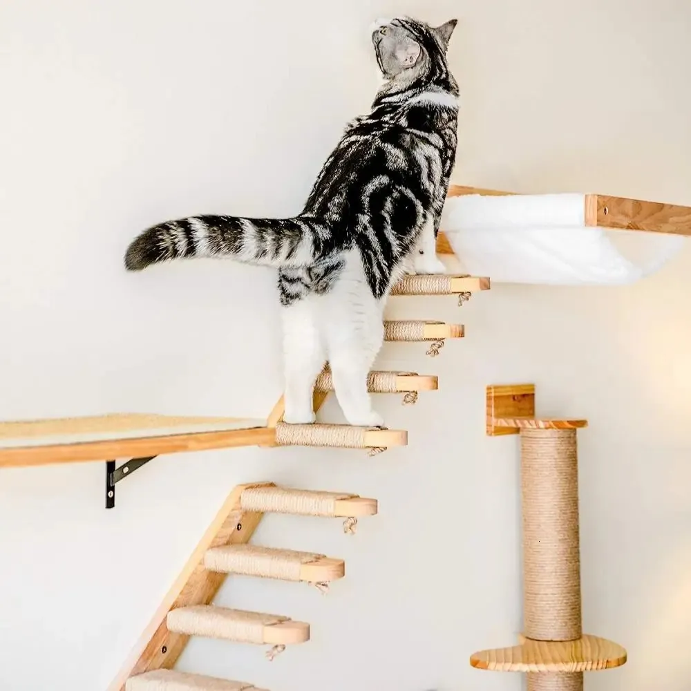 Cat Furniture Scratchers Cat Wall Climbing Frame Wall Mounted Cat Tree Furniture Wooden Stairway Shelves for Cats Perches Activity Cat Scratching Post 231011