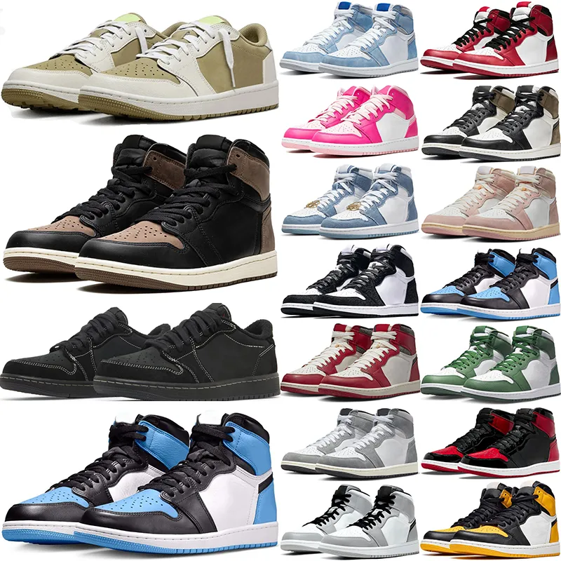 män basketskor 1s High Low Jumpman 1 Neutral Olive University Blue Black White Fierce Pink Womens Mens Trainers Sport Sneakers Tennisskor Storlek 5.5-13