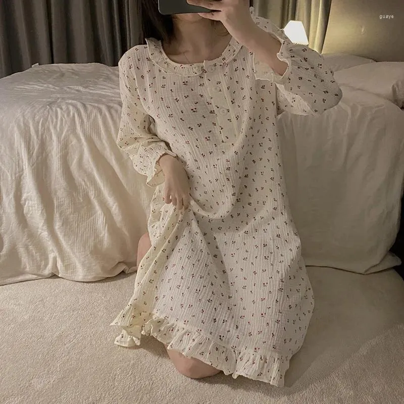 Женская одежда для сна, весна-осень 2023, хлопковые ночные рубашки с длинными рукавами и принтом для женщин, корейское свободное ночное платье, ночная рубашка, домашняя ночная рубашка