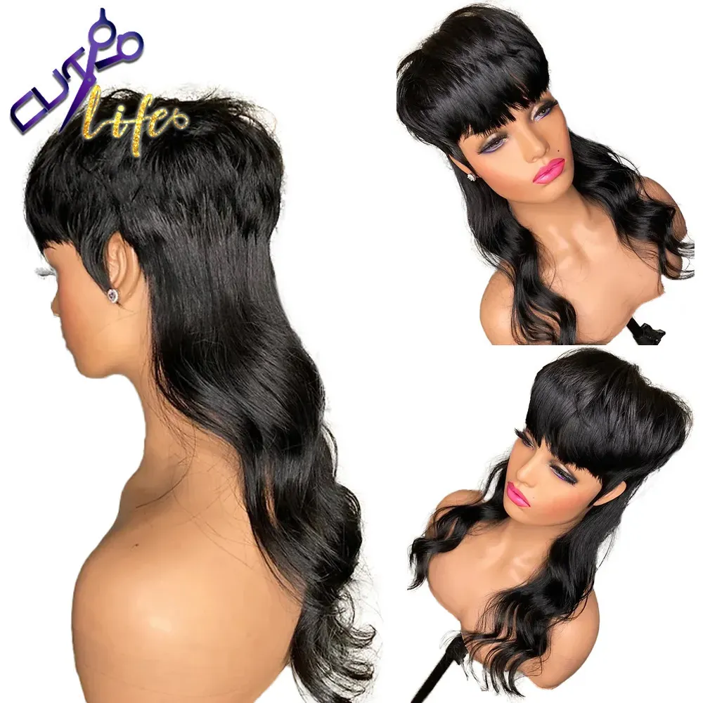 Synthetic Wigs Full Machine Made Wig With Bangs Mullet 18 Inches Body Wave Glueless Brazilian Human Hair Wigs For Women Short Pixie Cut Wigs 231012