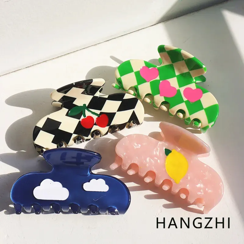 Hair Clips Barrettes HANGZHI Retro Checkered Cherry Shark Claw Pink Heart Lemon Print tail Clip for Women 2023 Trendy Headwear 231012