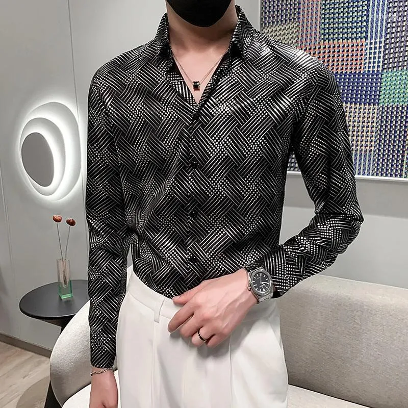 Mäns casual skjortor lyx silver bronzing tryck camisa maskulina långärmad laple boutique män mode nattklubb prom sociala kläder