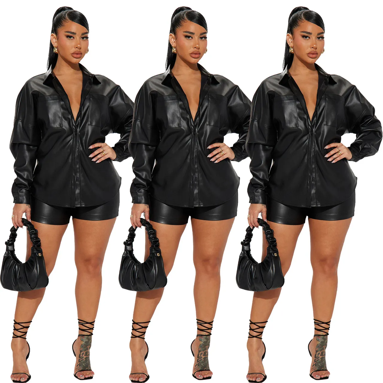 Black Pu Two Piece Pants Casual Outfits Women Fashion Leather Jacket and Shorts Set Free Ship