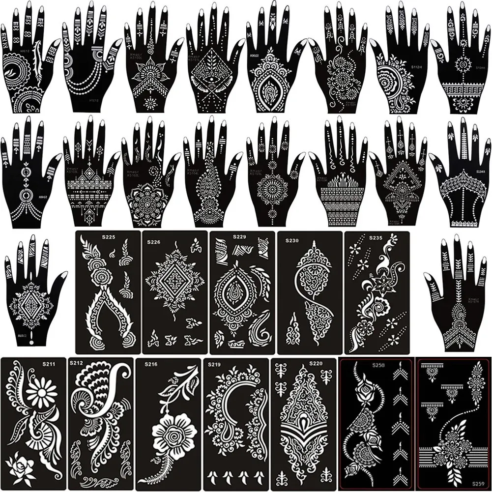 Body Paint 30 Sheets/Lot Indian Arabic Henna Tattoo Kit Stencil Temporary Tattoo Mall Flower Stencils for Body Paint 231012