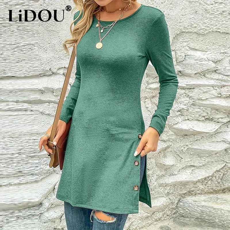 Vestidos casuais primavera outono em torno do pescoço botões fenda vestidos senhoras manga longa moda sólida robe feminino mini vestido roupas femininas