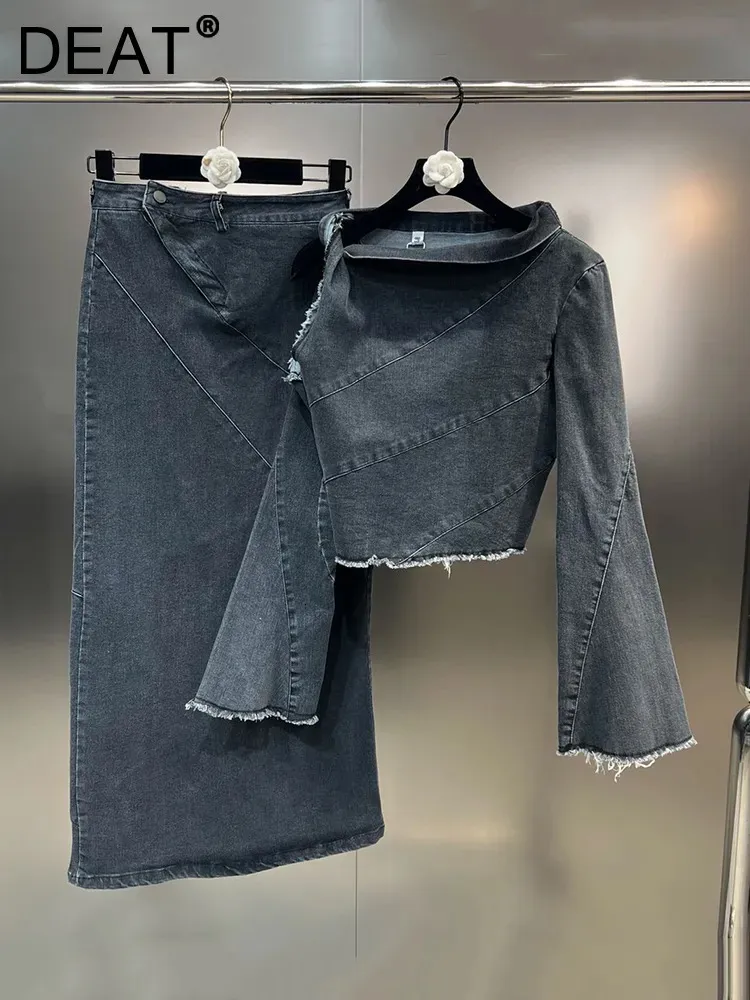 İki parçalı elbise deat vintage denim seti omuz kapalı omuz parlama uzun kollu üst sarılı kalça düğmesi 2023 Sonbahar 11xx5306 231012