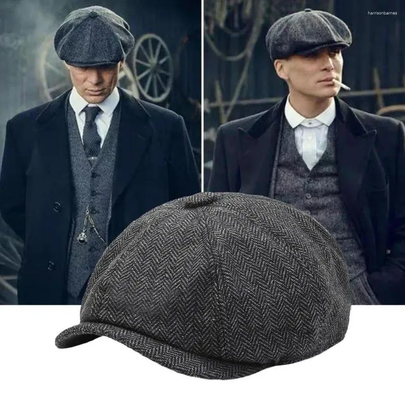 Berets Retro Sboy Caps Men And Women Warm Tweed Octagonal Hat For Male Detective Hats Flat Black Coffee Grey