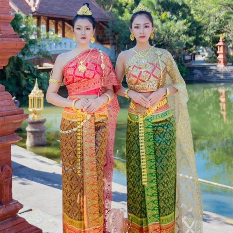 Ropa étnica Tradicional para mujeres Ropa del sudeste asiático Bronceado de alta calidad Ahom Shan Dai Custuome Top Falda Conjuntos Vestido tailandés