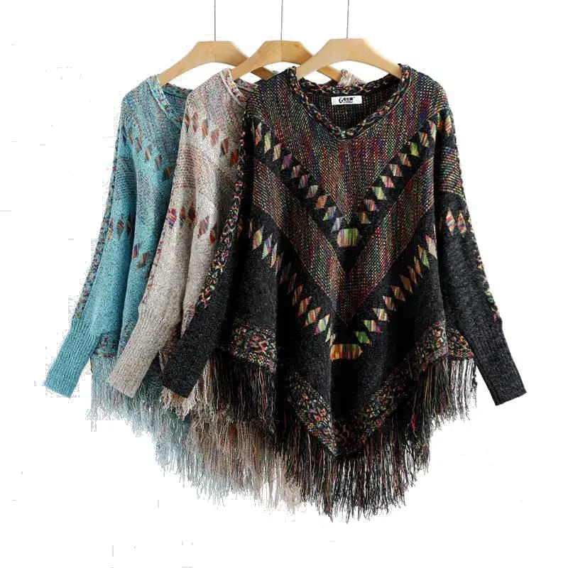 Châles femmes Vintage Patchwork gland Tricot pull Poncho femme manches chauve-souris surdimensionné tricot châle ponchos et Capes pulls 231012