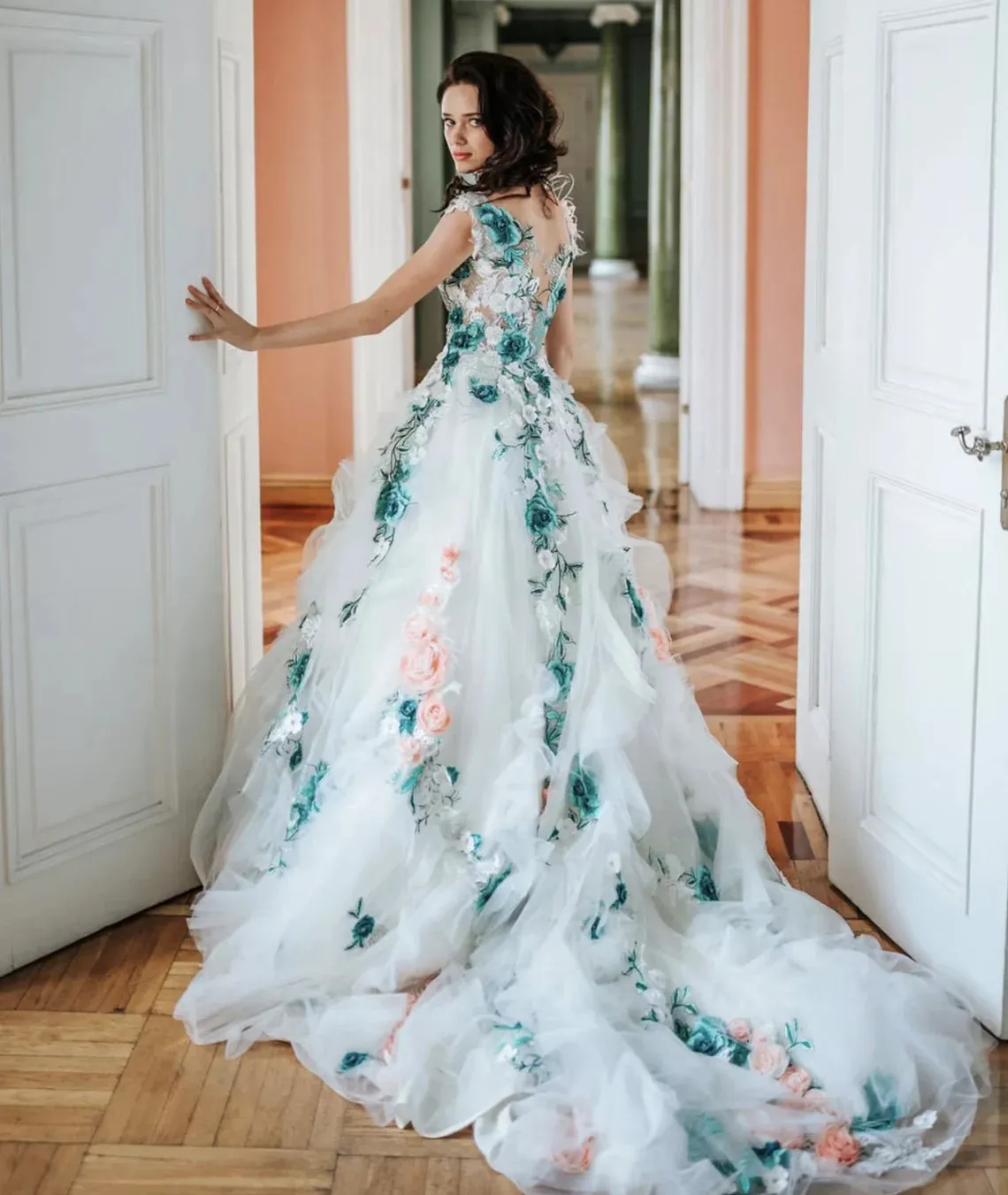 Princess 3D Floral Appliques Wedding Dress Light Blue A Line Tulle Bridal  Gowns | eBay