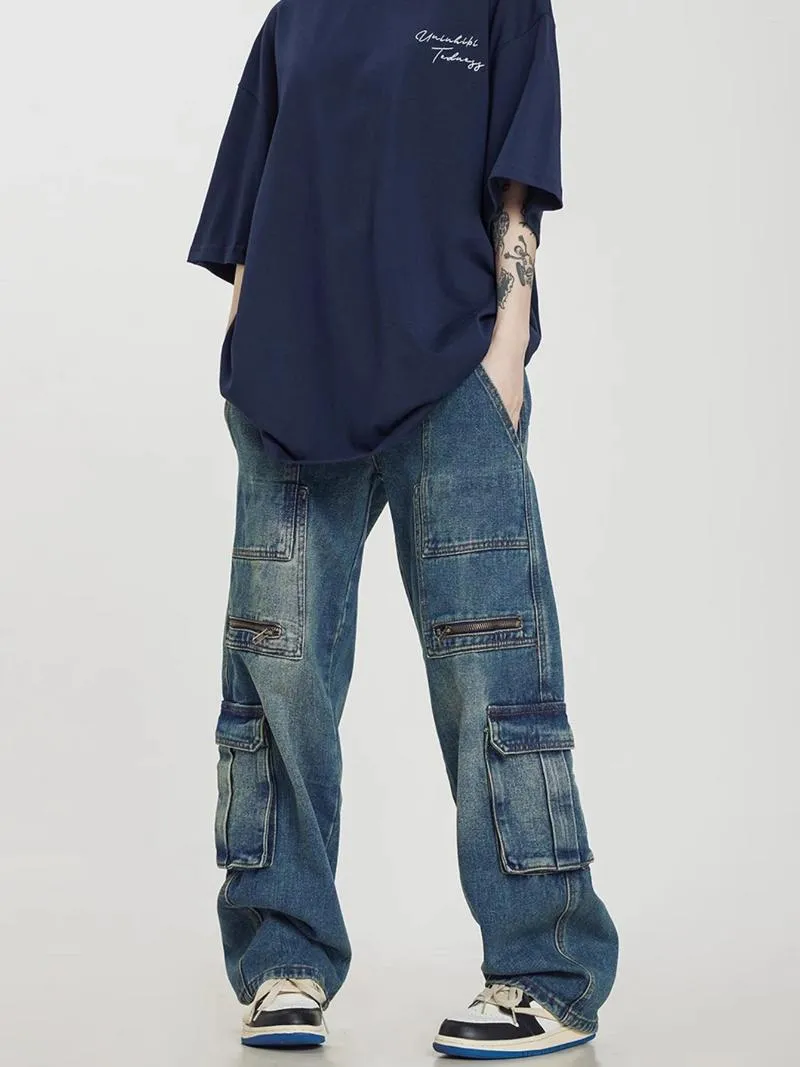 Jeans da donna tasche blu cargo pantaloni a gamba larga a vita bassa pantaloni larghi dritti da donna Harajuku elegante streetwear coreano