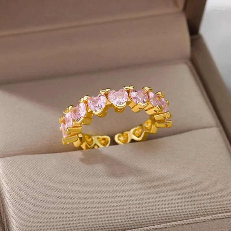 Klusterringar rosa zirkonhjärta för kvinnor rostfritt stål justerbar vigselring kvinnliga estetiska par smycken present bague femme