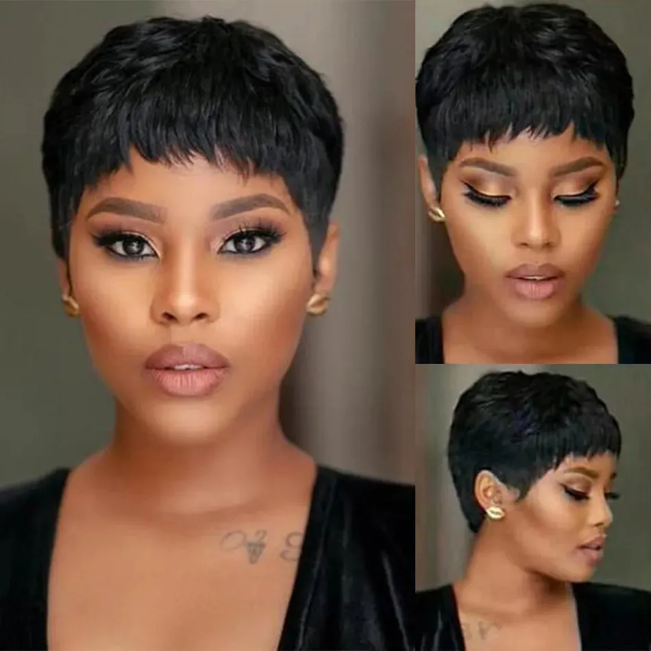 Synthetic Wigs Short Bob Wig Straight Human Hair Wigs With Bangs Non Lace Front Wigs For Women Pixie Cut Wig Natural Color Full Machine Made 231012