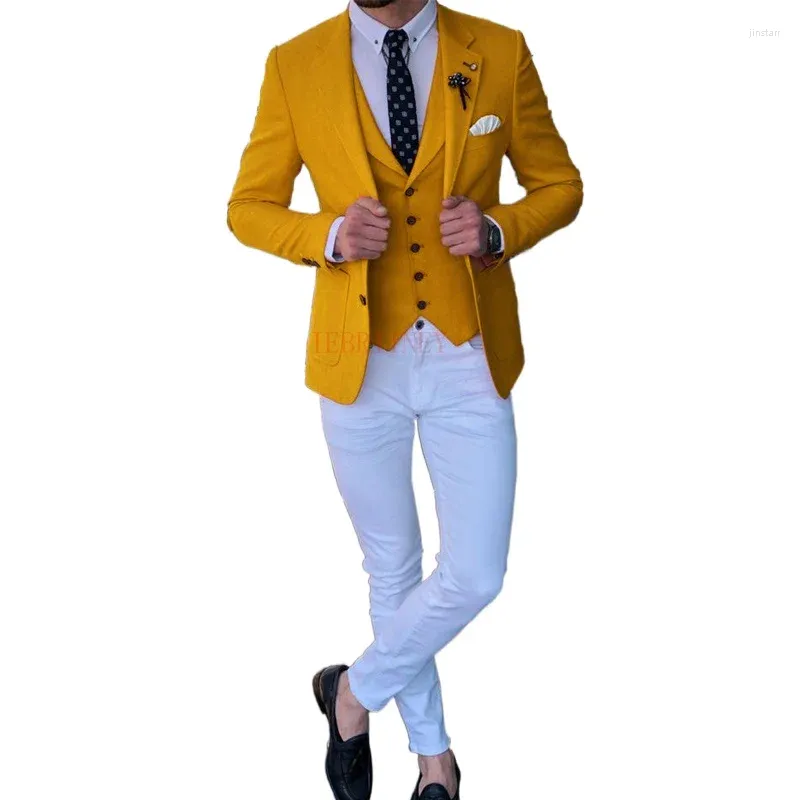 Men's Suits Yellow Men For Wedding Slim Fit Jacket Vest With Pants 3 Piece Groomsmen Tuxedo Custom Made Male Fashion Costume 2023