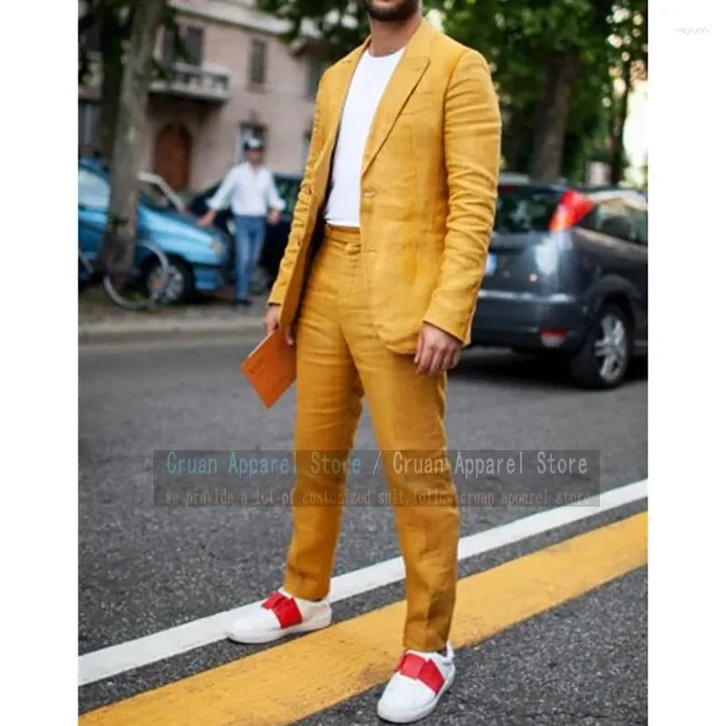メンズスーツカスタムメイドゴールドリネン男性スーツ2ピーススリムフィットサマーストリートウェアメンブレザーフォーマルクラシックビジネスジャケットパンツ衣装