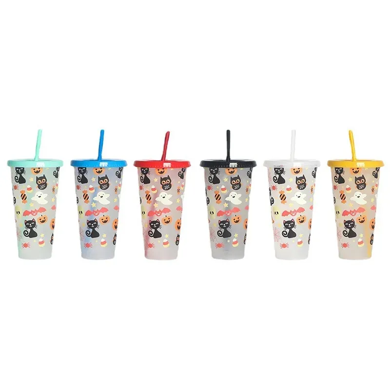 Creative Drinkware Cold Color-changing Plastic Cups Halloween Decoration Juice Cup With Lid and Straw