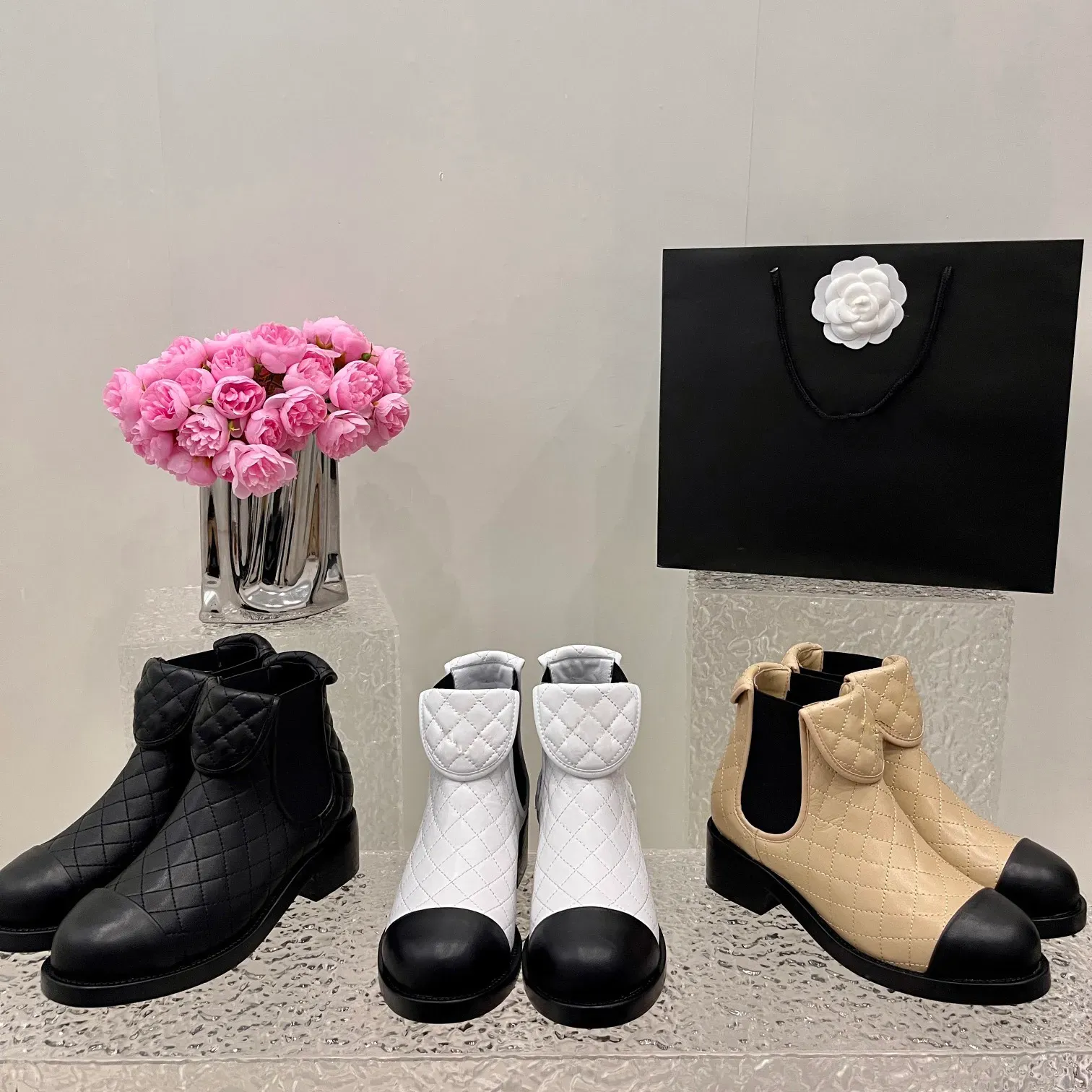 Beige Sheepskin leather Ankle boots Slip-on shoes chains buckle low heel Boot Round toe Martin booties luxury designers brands Flats women fashion shoe factory shoe