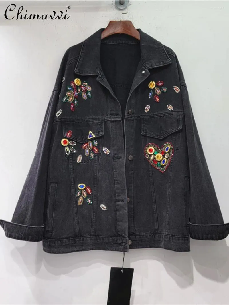 Damenjacken Jacke Frauen 2023 Herbst Schwere Liebe Bunte Kristalle Perlen Lose Schlanke Revers Denim Mantel Mode Langärmelige Jean Mäntel