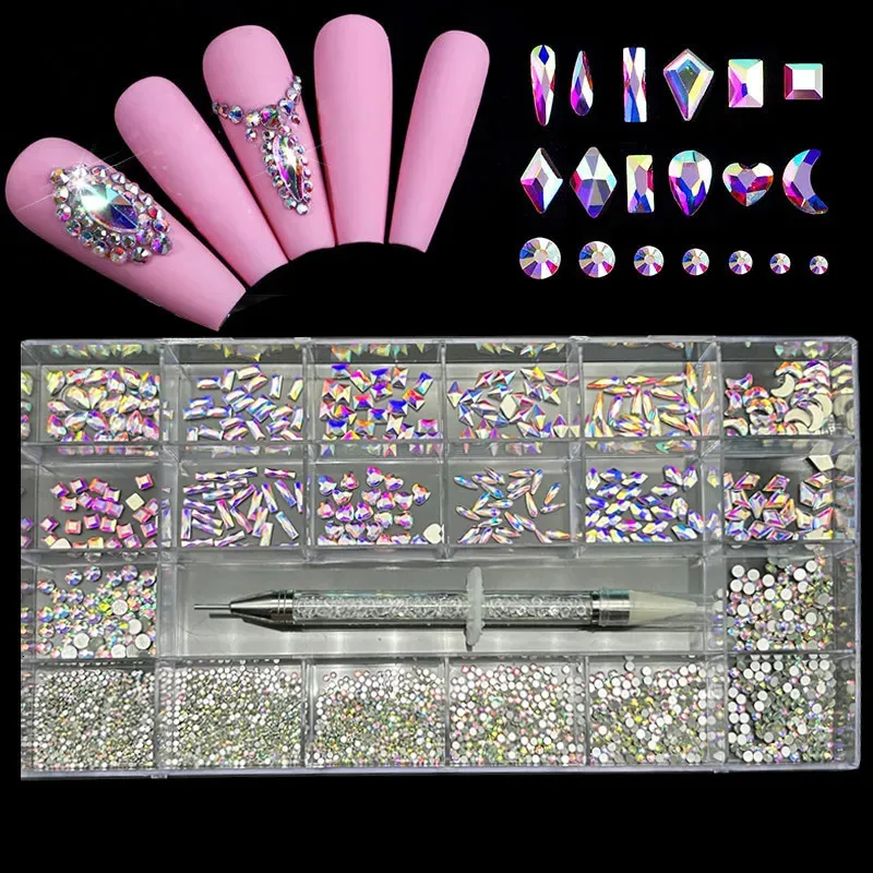 Nail Art Decorations 2800pcs AB Glass Crystal Diamond Flat s Decoration 21 Grid Box Nails Accessories Set With 1 Pick Up Pen 231012