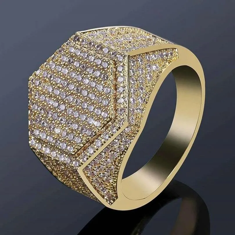 Bagues glacées pour hommes Hip Hop Designer de luxe Mens bling diamant bague hexagonale plaqué or 18 carats fiançailles de mariage or argent Ring241m