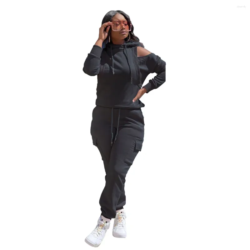 Women's Two Piece Pants Hoodies Set Fashion Cold Shoulder Sweatshirt Sweatpants Women 2 Pieces Joggers Tracksuit Hoodie Sportswear Outfits