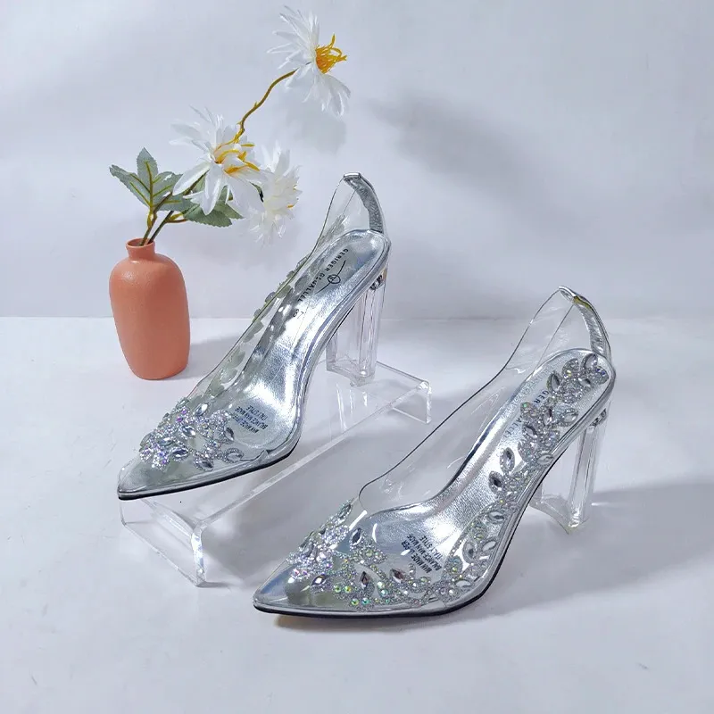 Dress Shoes Silver Wedding Pumps Female Shoes Clear Sandals Bridal Shoes Chunky High Heels Clear Sandals for Woman Lady Party Heels 231012